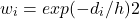 \begin{equation*} w_i = exp (-d_i/h)2 \end{equation*}